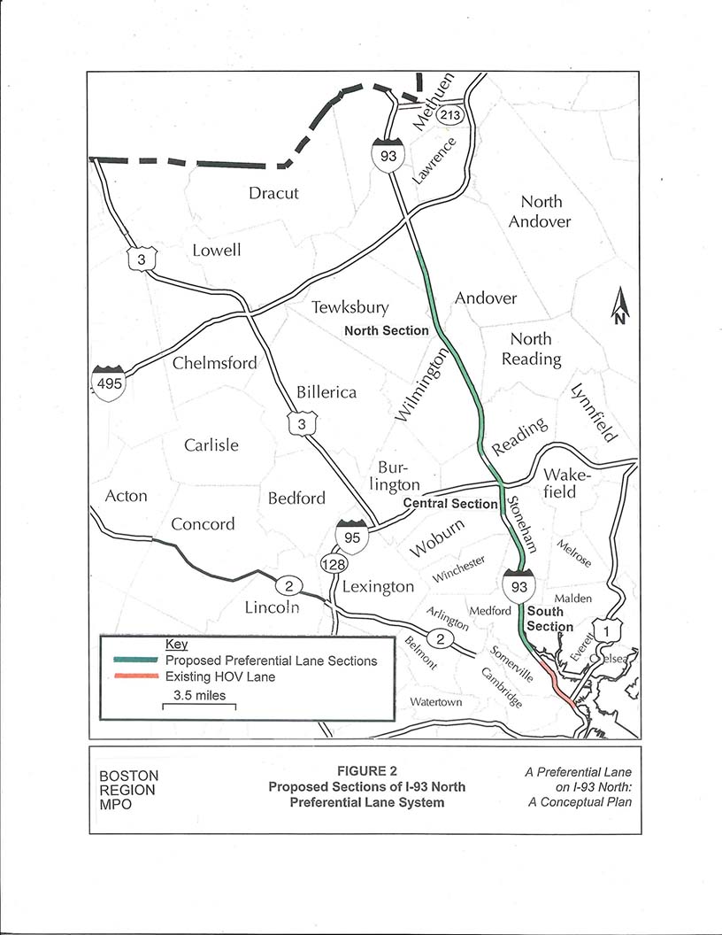FIGURE 2. Proposed Sections of I-93 North Preferential Lane System
This is a full-page map depicting the proposed sections of I-93 North. The proposed preferential lane sections are delineated in green; the existing HOV lanes are marked in red.
